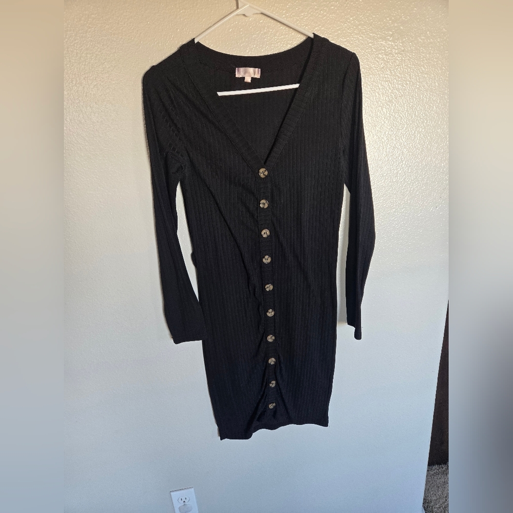 Elegant Black Ribbed Long Sleeve Dress